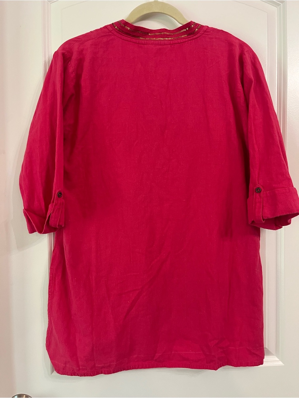 V-Neck Fuchsia Pintuck Tunic with Embellished Trim Sz Large Pink with Sequins - Picture 7 of 7